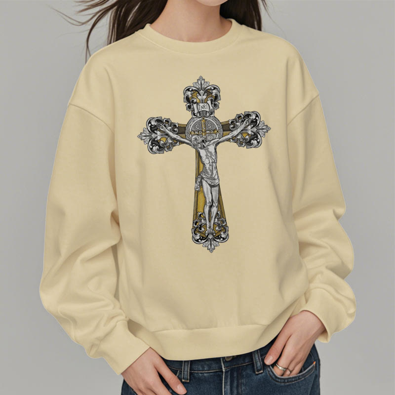 Christianartworkshop Klassisches Sweatshirt mit St. Benedikt-Kruzifix, Glaube, mit Fleece gefüttert, Polyester
