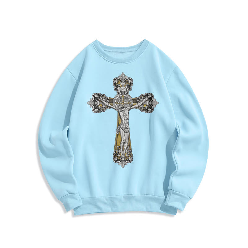 Christianartworkshop Klassisches Sweatshirt mit St. Benedikt-Kruzifix, Glaube, mit Fleece gefüttert, Polyester