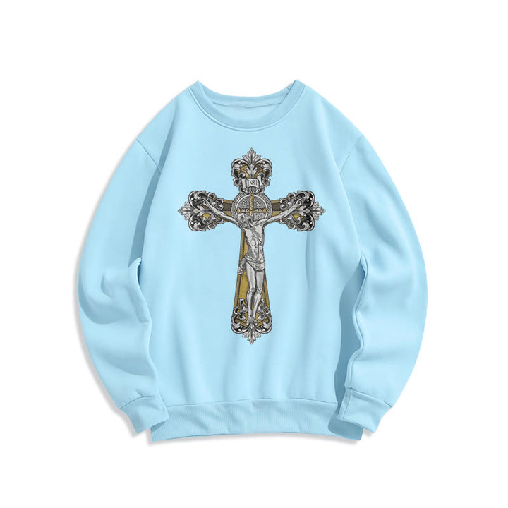 Christianartworkshop Klassisches Sweatshirt mit St. Benedikt-Kruzifix, Glaube, mit Fleece gefüttert, Polyester
