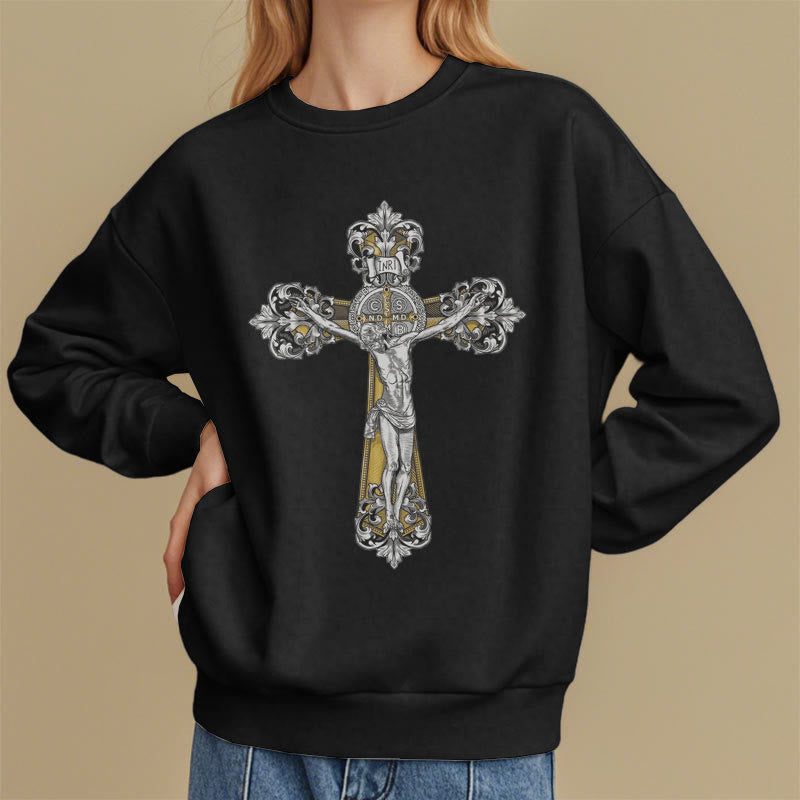 Christianartworkshop Klassisches Sweatshirt mit St. Benedikt-Kruzifix, Glaube, mit Fleece gefüttert, Polyester