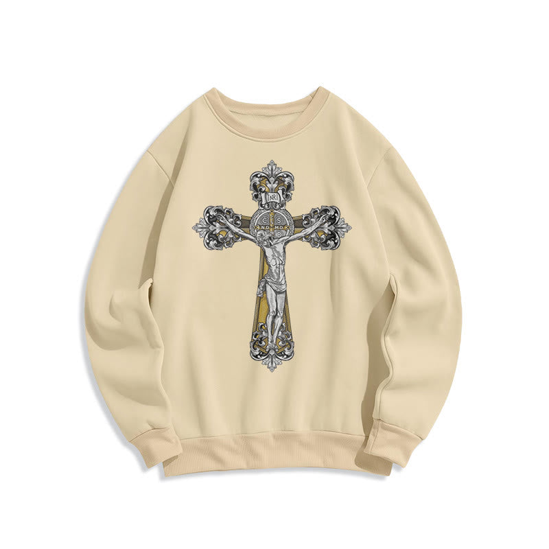 Christianartworkshop Klassisches Sweatshirt mit St. Benedikt-Kruzifix, Glaube, mit Fleece gefüttert, Polyester