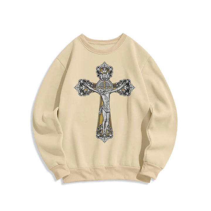 Christianartworkshop Klassisches Sweatshirt mit St. Benedikt-Kruzifix, Glaube, mit Fleece gefüttert, Polyester