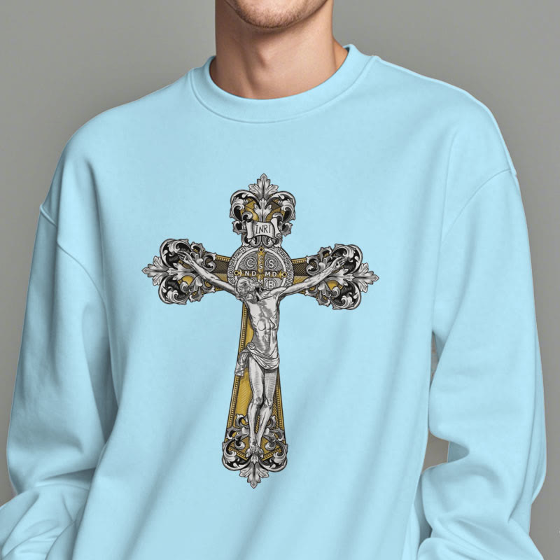 Christianartworkshop Klassisches Sweatshirt mit St. Benedikt-Kruzifix, Glaube, mit Fleece gefüttert, Polyester