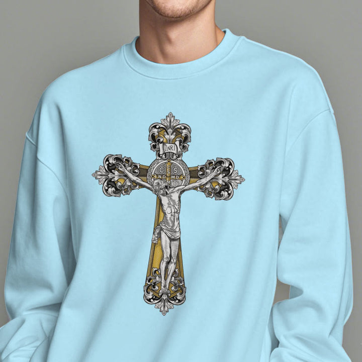 Christianartworkshop Klassisches Sweatshirt mit St. Benedikt-Kruzifix, Glaube, mit Fleece gefüttert, Polyester