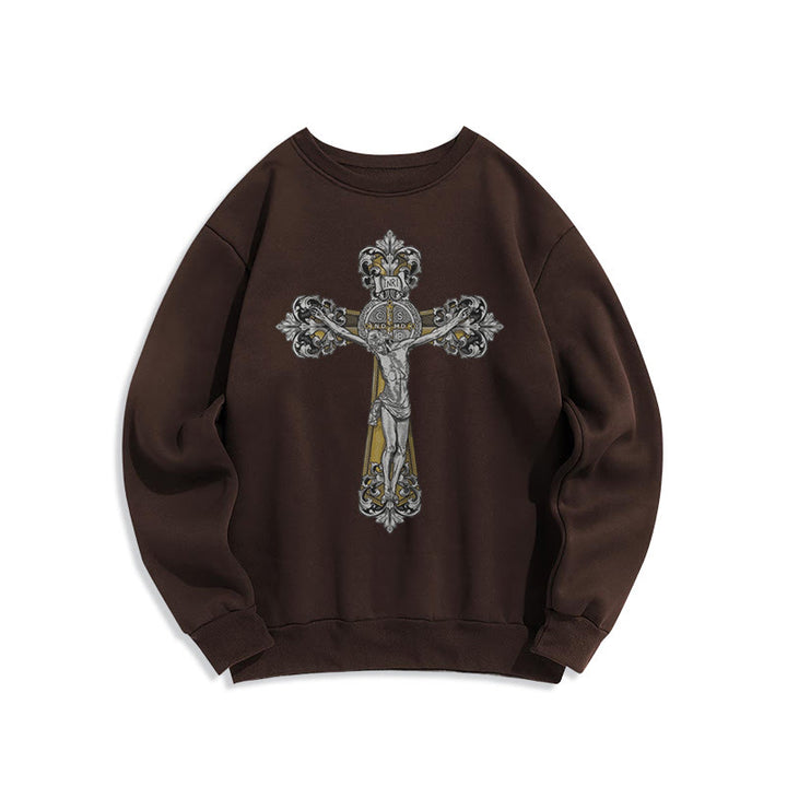 Christianartworkshop Klassisches Sweatshirt mit St. Benedikt-Kruzifix, Glaube, mit Fleece gefüttert, Polyester