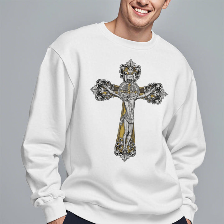 Christianartworkshop Klassisches Sweatshirt mit St. Benedikt-Kruzifix, Glaube, mit Fleece gefüttert, Polyester