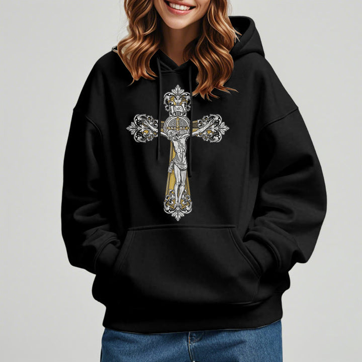 Christianartworkshop Klassischer Hoodie mit St.-Benedikt-Kreuzmotiv, gefüttert mit Fleece, Polyester - image 1