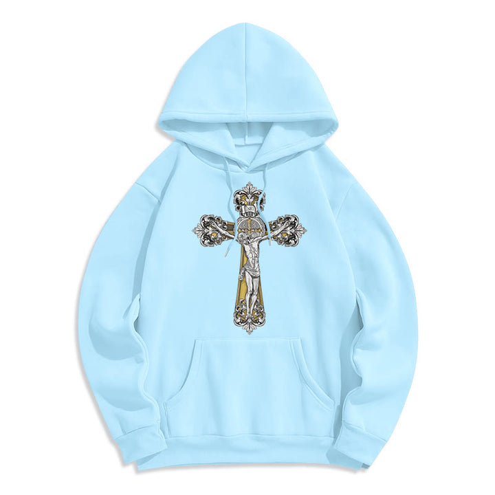Christianartworkshop Klassischer Hoodie mit St.-Benedikt-Kreuzmotiv, gefüttert mit Fleece, Polyester - Blau - 2XL - image 25