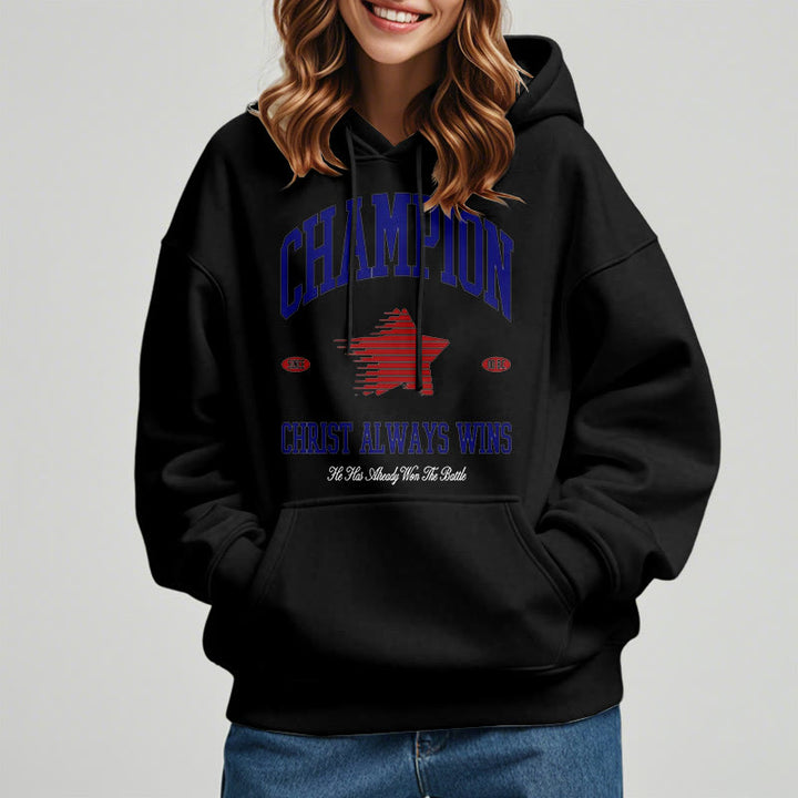 Christianartworkshop Modern Style Champion Christ Always Wins Kapuzenpullover aus Polyester mit Fleecefutter