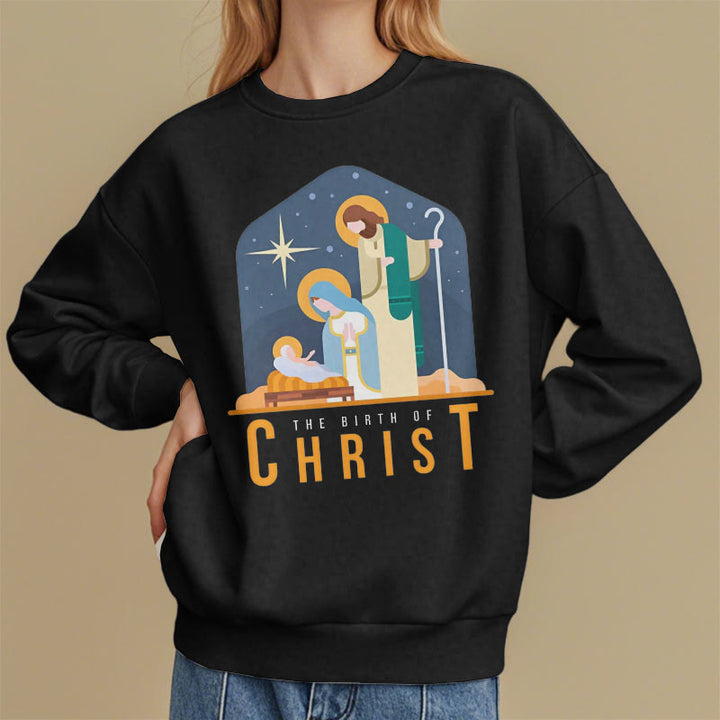 Christianartworkshop Farbiger Stil Geburt Christi Weihnachtskrippe Fleece gefüttertes Polyester-Sweatshirt
