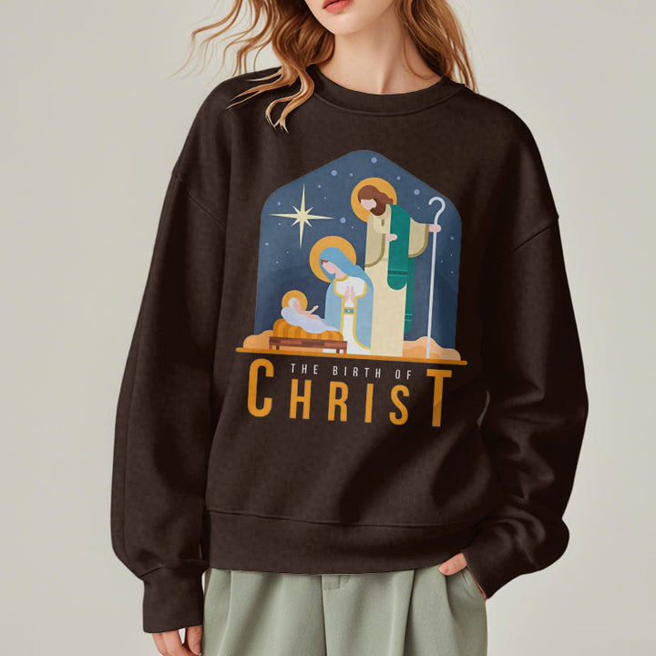 Christianartworkshop Farbiger Stil Geburt Christi Weihnachtskrippe Fleece gefüttertes Polyester-Sweatshirt