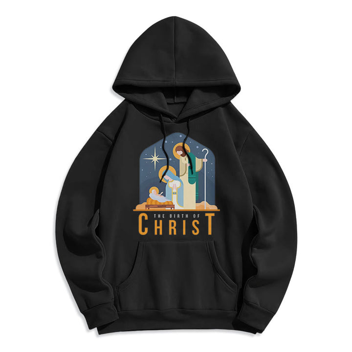 Christianartworkshop Farbiger Stil Geburt Christi Weihnachtskrippe Fleece gefütterter Polyester-Kapuzenpullover