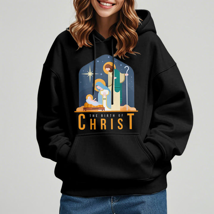 Christianartworkshop Farbiger Stil Geburt Christi Weihnachtskrippe Fleece gefütterter Polyester-Kapuzenpullover