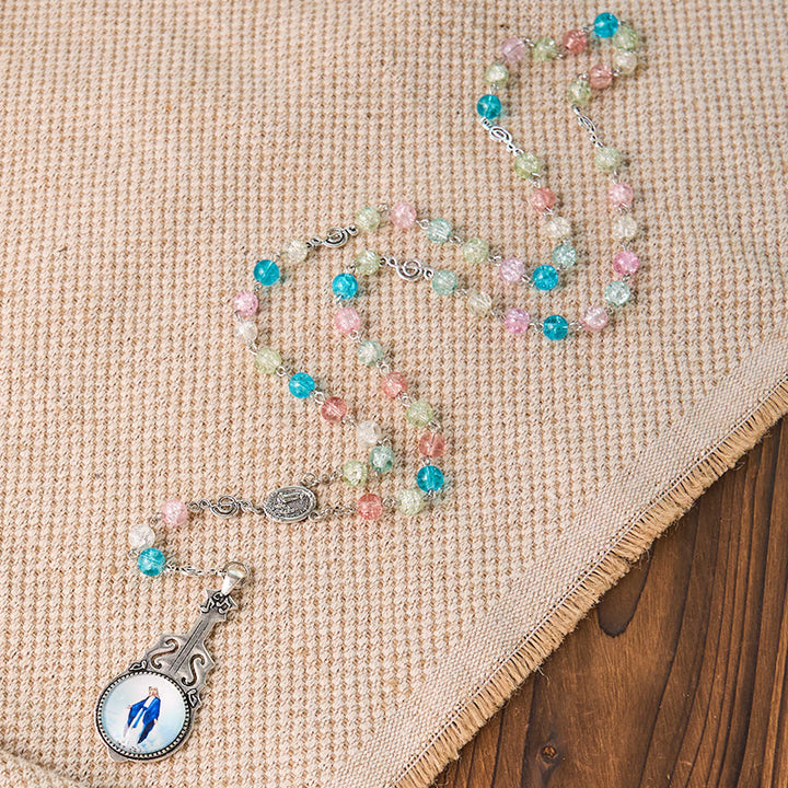 Christianartworkshop Rosenkranz „Unsere Liebe Frau von Fatima“ und „Himmelfahrt Unserer Lieben Frau“ aus runder, mehrfarbiger Glaslegierung, 8 mm