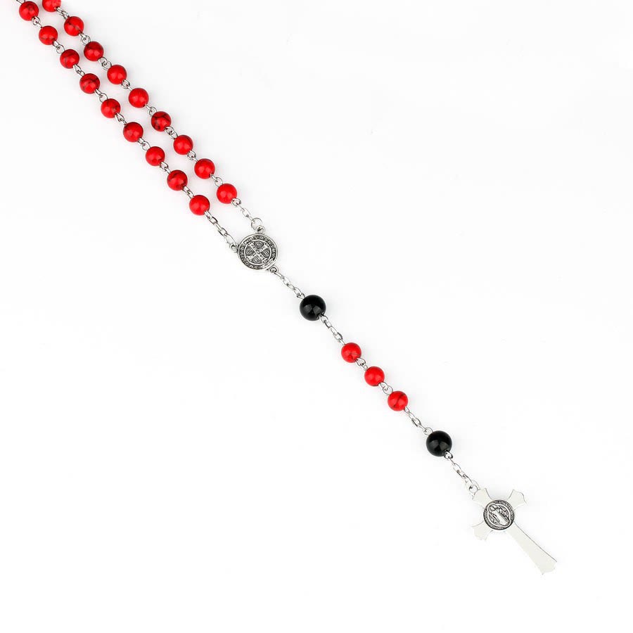 Christianartworkshop St. Benedikt-Medaille und Kruzifix, 6 mm rund, rot-türkis, Legierungskette, Rosenkranz