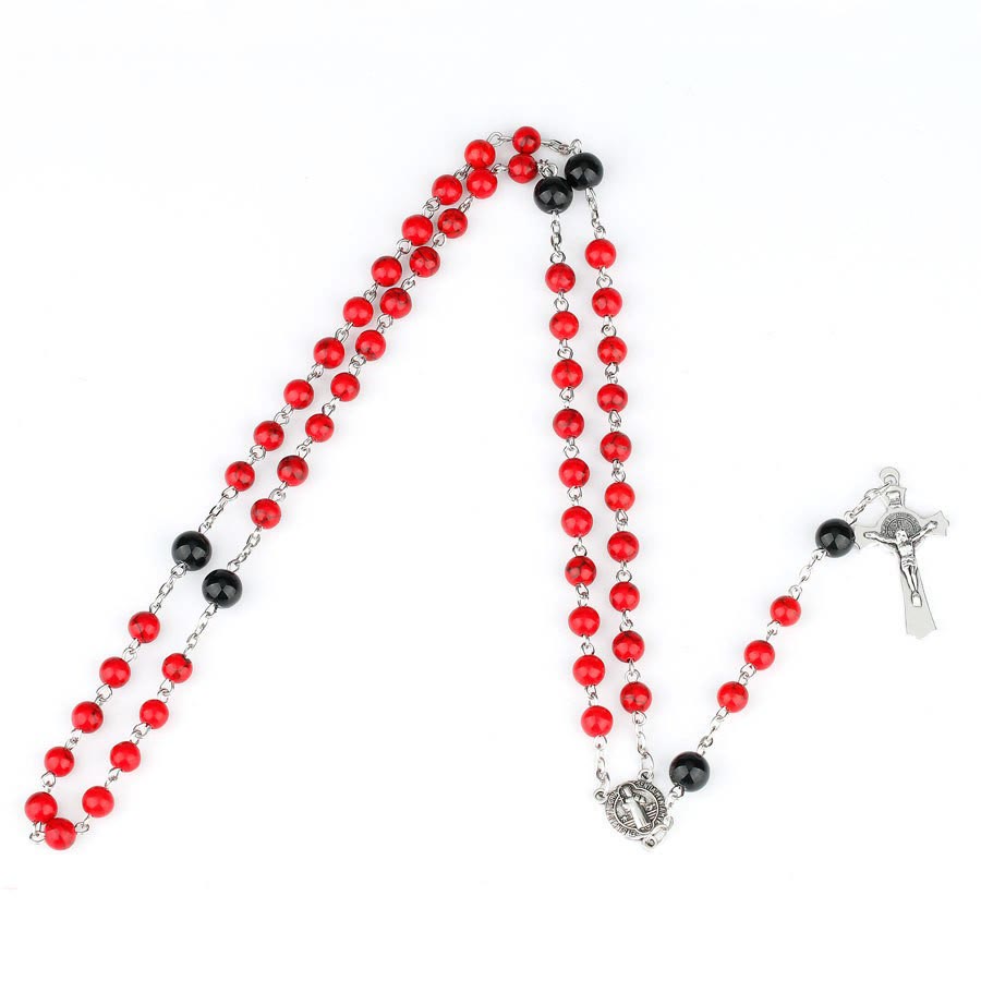 Christianartworkshop St. Benedikt-Medaille und Kruzifix, 6 mm rund, rot-türkis, Legierungskette, Rosenkranz
