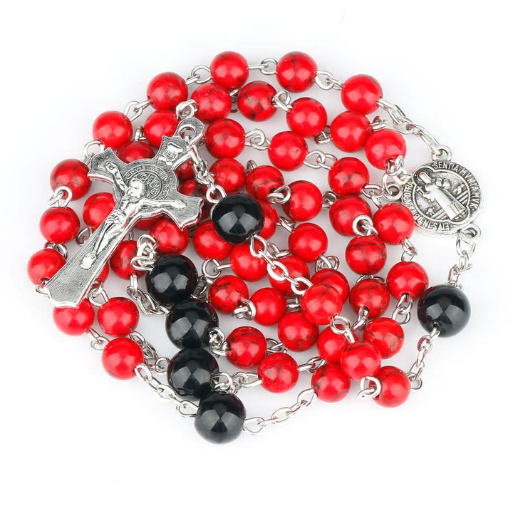 Christianartworkshop St. Benedikt-Medaille und Kruzifix, 6 mm rund, rot-türkis, Legierungskette, Rosenkranz