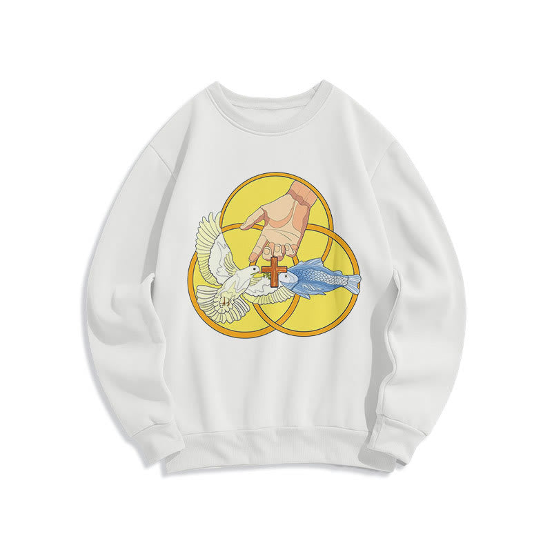 Christianartworkshop Farbiger Stil Das Kreuz-Emblem der Heiligen Dreifaltigkeit Sweatshirt aus Polyester mit Fleecefutter - Weiß - 2XL - image 10