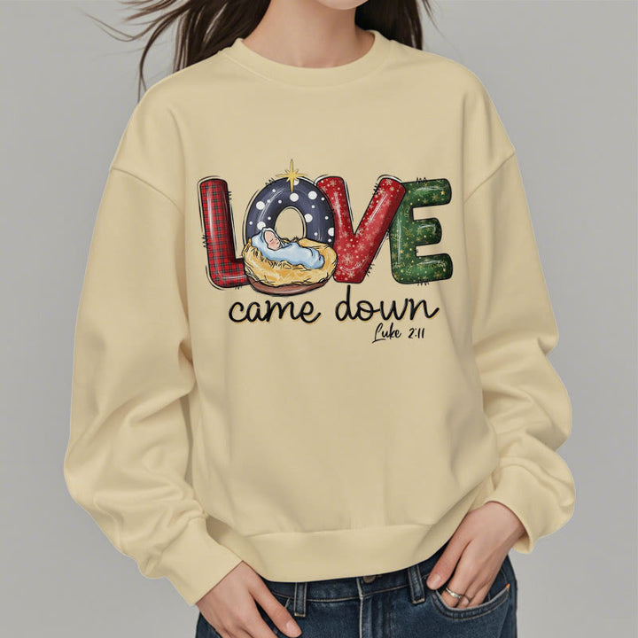 Christianartworkshop Farbiger Stil Love Came Down Weihnachts-Sweatshirt aus Polyester mit Fleecefutter