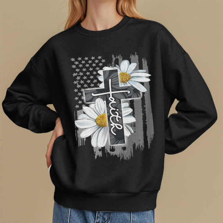 Christianartworkshop Moderner Stil Glaube Kreuz und Gänseblümchen Fleece gefüttert Polyester Sweatshirt