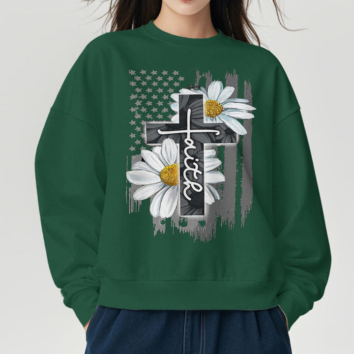 Christianartworkshop Moderner Stil Glaube Kreuz und Gänseblümchen Fleece gefüttert Polyester Sweatshirt
