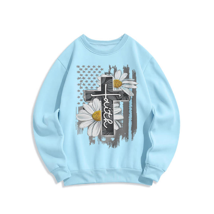 Christianartworkshop Modernes Sweatshirt mit Glaubenskreuz und Gänseblümchen, gefüttert mit Polyester - Blau - 2XL - image 0