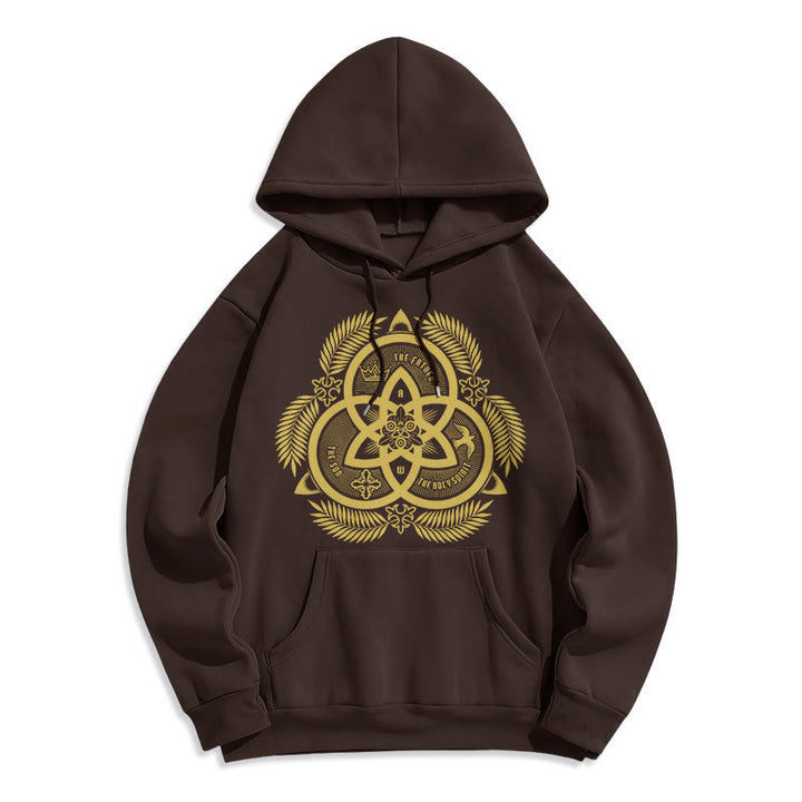 Christianartworkshop Klassischer Hoodie mit goldenem Emblem und Fleece-Futter aus Polyester, Motiv der Göttlichen Einheit. - Braun - 2XL - image 20