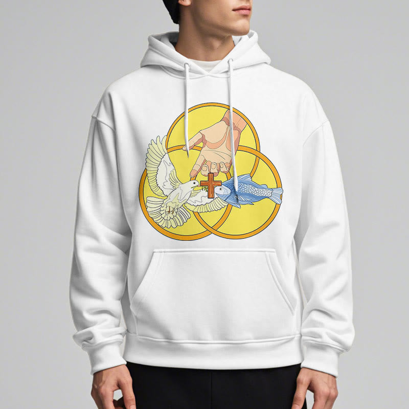 Christianartworkshop Farbiger Stil Das Kreuz-Emblem der Heiligen Dreifaltigkeit Fleece-gefütterter Polyester-Kapuzenpullover