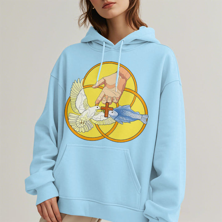 Christianartworkshop Farbiger Stil Das Kreuz-Emblem der Heiligen Dreifaltigkeit Fleece-gefütterter Polyester-Kapuzenpullover
