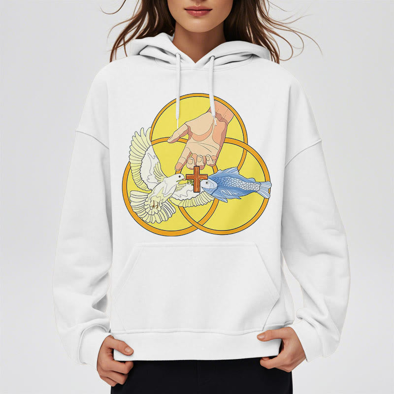 Christianartworkshop Farbiger Stil Das Kreuz-Emblem der Heiligen Dreifaltigkeit Fleece-gefütterter Polyester-Kapuzenpullover