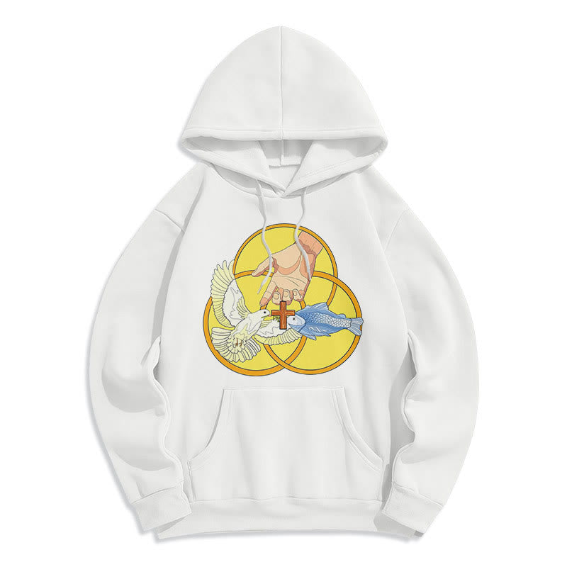 Christianartworkshop Farbiger Stil Das Kreuz-Emblem der Heiligen Dreifaltigkeit Fleece-gefütterter Polyester-Kapuzenpullover - Weiß - 2XL - image 10