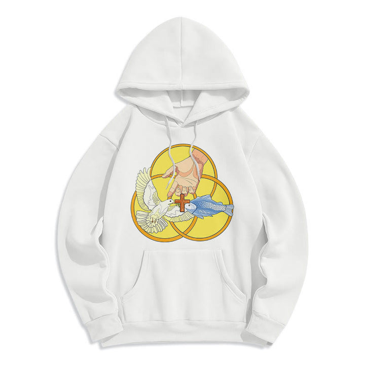 Christianartworkshop Farbiger Stil Das Kreuz-Emblem der Heiligen Dreifaltigkeit Fleece-gefütterter Polyester-Kapuzenpullover - Weiß - 2XL - image 10