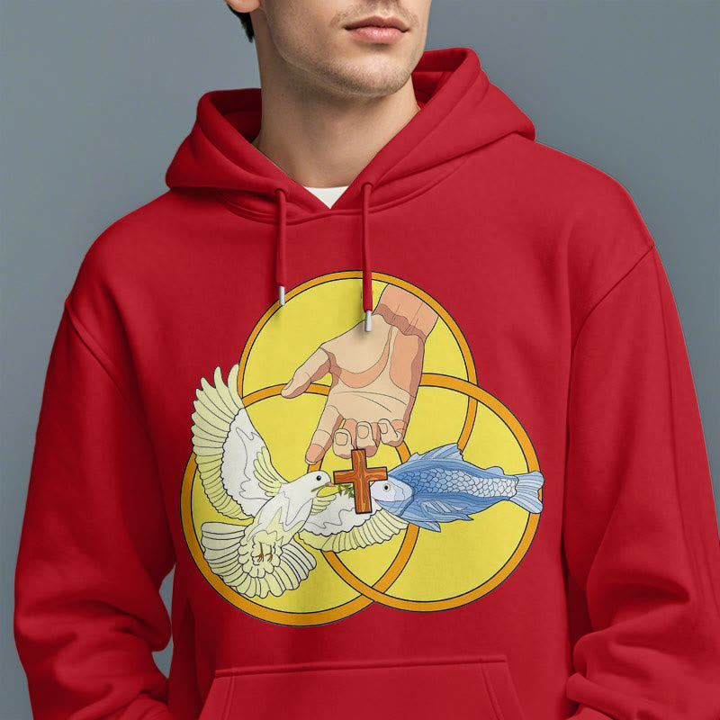 Christianartworkshop Farbiger Stil Das Kreuz-Emblem der Heiligen Dreifaltigkeit Fleece-gefütterter Polyester-Kapuzenpullover