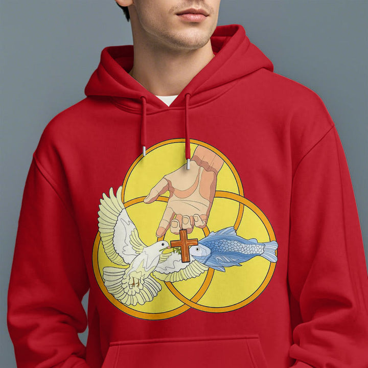 Christianartworkshop Farbiger Stil Das Kreuz-Emblem der Heiligen Dreifaltigkeit Fleece-gefütterter Polyester-Kapuzenpullover
