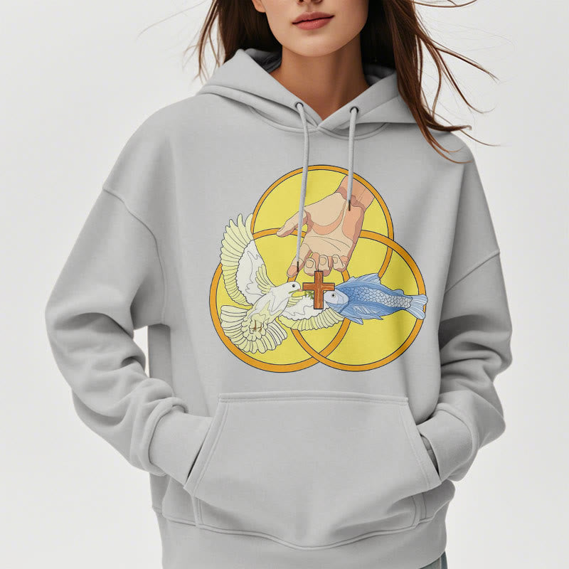 Christianartworkshop Farbiger Stil Das Kreuz-Emblem der Heiligen Dreifaltigkeit Fleece-gefütterter Polyester-Kapuzenpullover