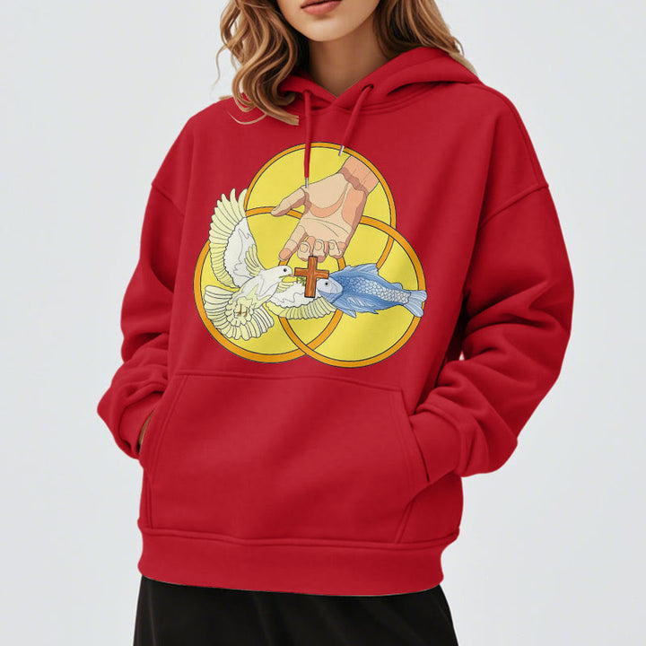 Christianartworkshop Farbiger Stil Das Kreuz-Emblem der Heiligen Dreifaltigkeit Fleece-gefütterter Polyester-Kapuzenpullover