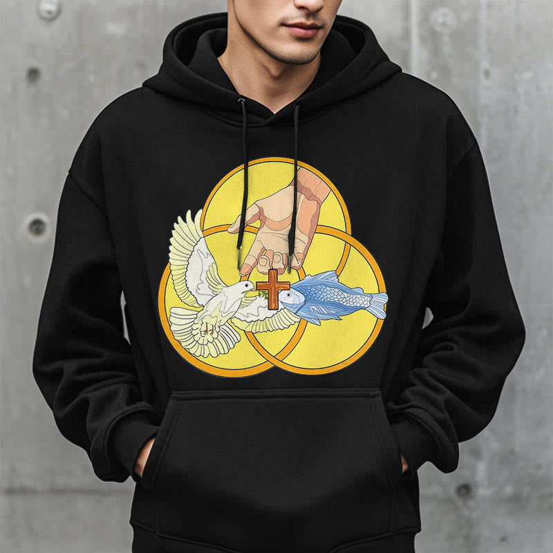 Christianartworkshop Farbiger Stil Das Kreuz-Emblem der Heiligen Dreifaltigkeit Fleece-gefütterter Polyester-Kapuzenpullover