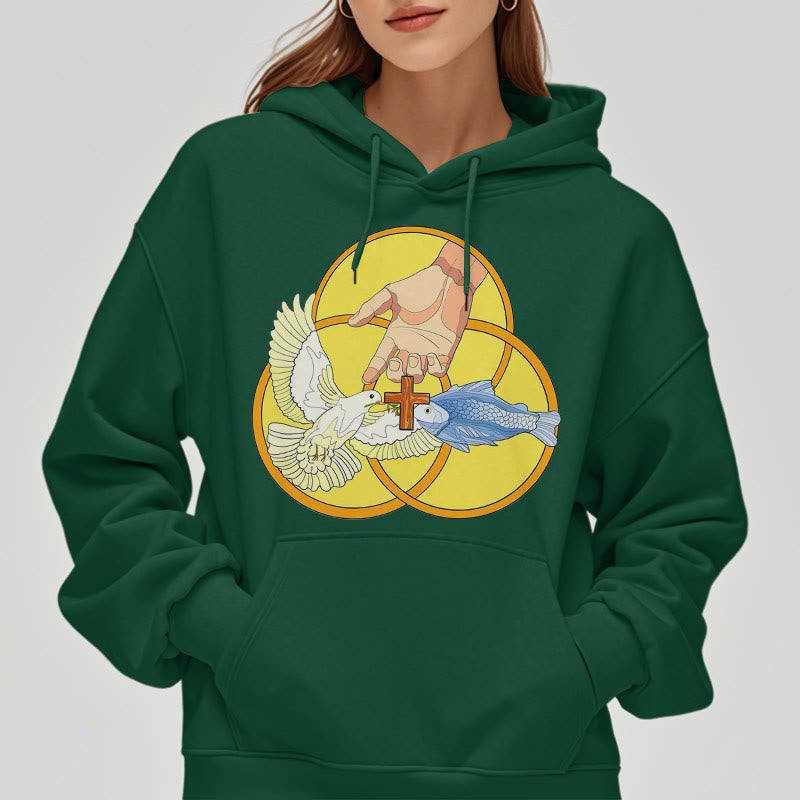 Christianartworkshop Farbiger Stil Das Kreuz-Emblem der Heiligen Dreifaltigkeit Fleece-gefütterter Polyester-Kapuzenpullover