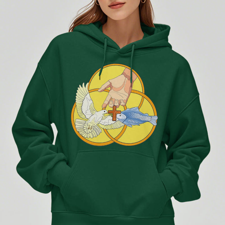 Christianartworkshop Farbiger Stil Das Kreuz-Emblem der Heiligen Dreifaltigkeit Fleece-gefütterter Polyester-Kapuzenpullover