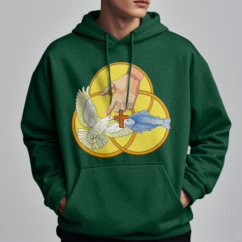 Christianartworkshop Farbiger Stil Das Kreuz-Emblem der Heiligen Dreifaltigkeit Fleece-gefütterter Polyester-Kapuzenpullover