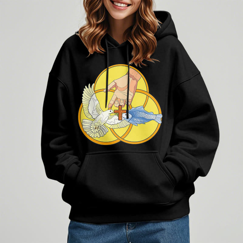 Christianartworkshop Farbiger Stil Das Kreuz-Emblem der Heiligen Dreifaltigkeit Fleece-gefütterter Polyester-Kapuzenpullover