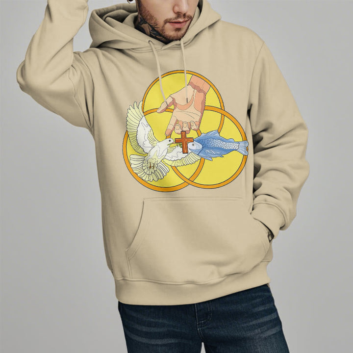 Christianartworkshop Farbiger Stil Das Kreuz-Emblem der Heiligen Dreifaltigkeit Fleece-gefütterter Polyester-Kapuzenpullover