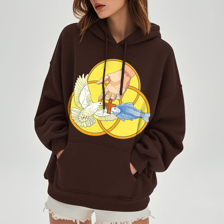 Christianartworkshop Farbiger Stil Das Kreuz-Emblem der Heiligen Dreifaltigkeit Fleece-gefütterter Polyester-Kapuzenpullover