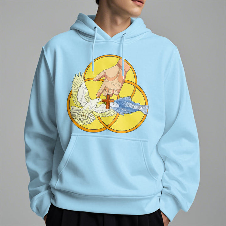Christianartworkshop Farbiger Stil Das Kreuz-Emblem der Heiligen Dreifaltigkeit Fleece-gefütterter Polyester-Kapuzenpullover