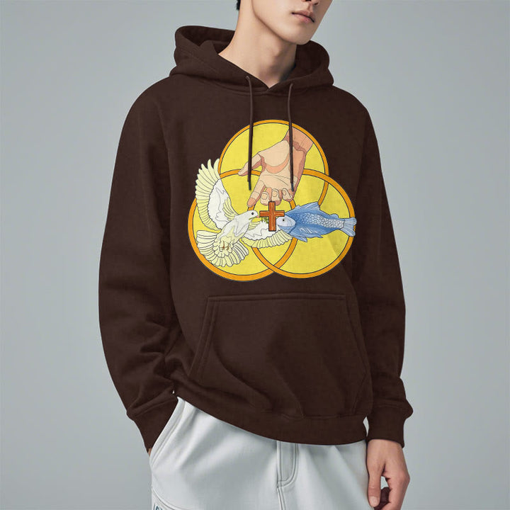Christianartworkshop Farbiger Stil Das Kreuz-Emblem der Heiligen Dreifaltigkeit Fleece-gefütterter Polyester-Kapuzenpullover
