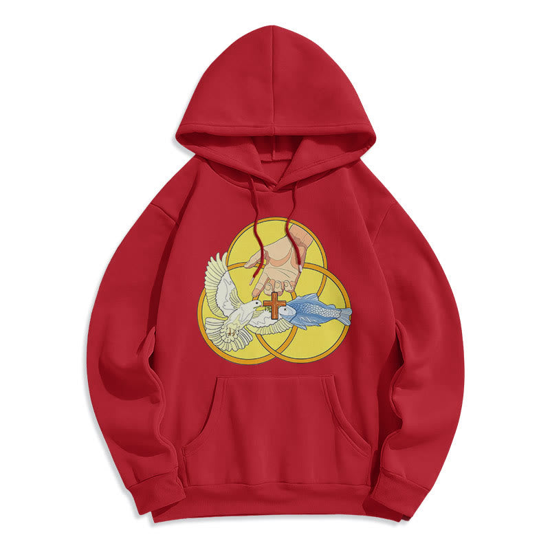 Christianartworkshop Farbiger Stil Das Kreuz-Emblem der Heiligen Dreifaltigkeit Fleece-gefütterter Polyester-Kapuzenpullover - Rot - 2XL - image 0