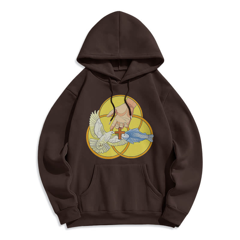 Christianartworkshop Farbiger Stil Das Kreuz-Emblem der Heiligen Dreifaltigkeit Fleece-gefütterter Polyester-Kapuzenpullover - Braun - 2XL - image 20
