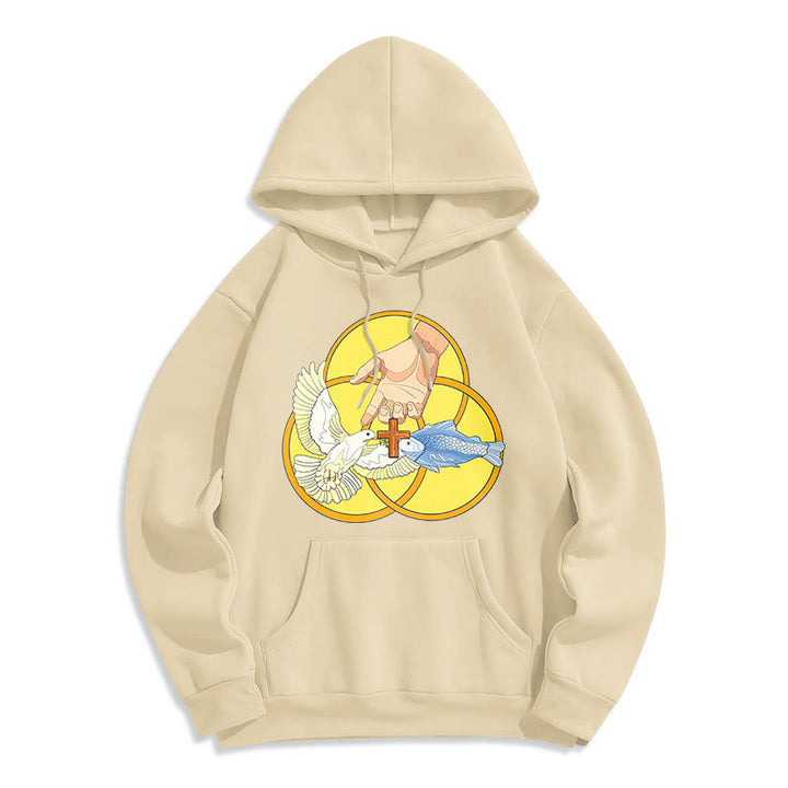 Christianartworkshop Farbiger Stil Das Kreuz-Emblem der Heiligen Dreifaltigkeit Fleece-gefütterter Polyester-Kapuzenpullover - Beige - 2XL - image 15