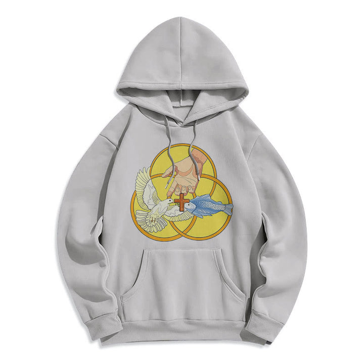 Christianartworkshop Farbiger Stil Das Kreuz-Emblem der Heiligen Dreifaltigkeit Fleece-gefütterter Polyester-Kapuzenpullover - Grau - 2XL - image 35