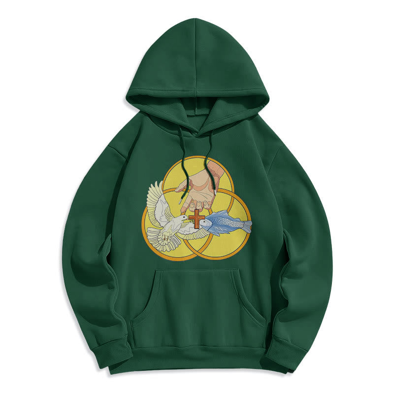 Christianartworkshop Farbiger Stil Das Kreuz-Emblem der Heiligen Dreifaltigkeit Fleece-gefütterter Polyester-Kapuzenpullover
